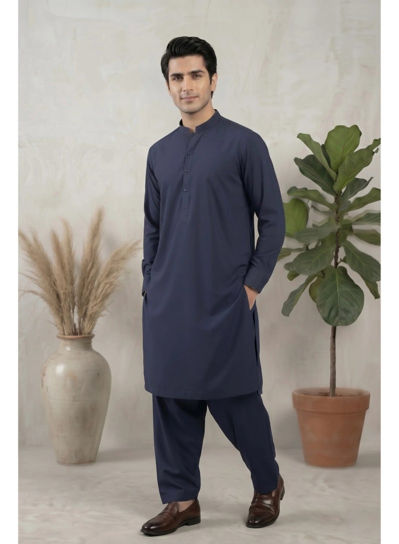 AG Collective Navy Blue Pathani Kurta/Kameez With Shalwar For Men - Image 2