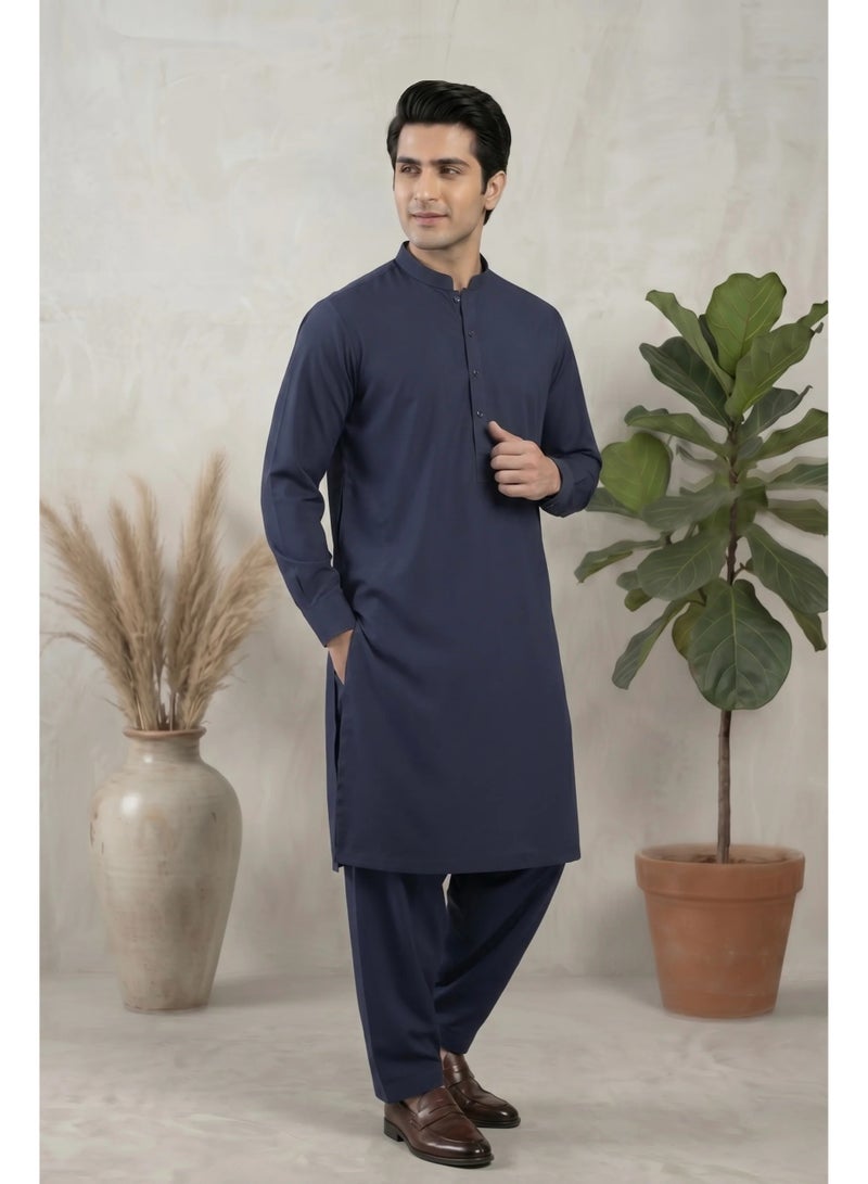 AG Collective Navy Blue Pathani Kurta/Kameez With Shalwar For Men - Image 1
