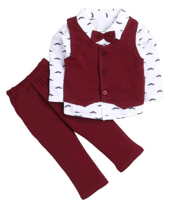 BUMZEE Maroon & White Boys Full Sleeves Shirt Waistcoat & Pant Set with Applique Bow Age - 2-3 Years (Peb4117F-mrn.wht) - Image 1
