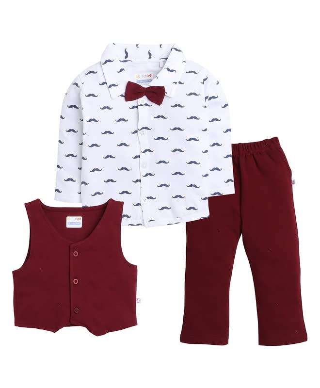BUMZEE Maroon & White Boys Full Sleeves Shirt Waistcoat & Pant Set with Applique Bow Age - 2-3 Years (Peb4117F-mrn.wht) - Image 2