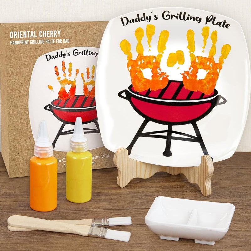 ORIENTAL CHERRY Father's Day Gifts - DIY Daddy's Grilling Plate with Handprint - Personalized Step Dad Gifts from Wife Kids - Funny BBQ Crafts Birthday Present Ideas for First Papa from Daughter Son - Image 1