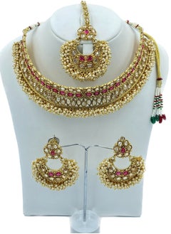GOHONA GOHONA Royal Bling Bollywood Traditional Indian  Jewelry Necklace With Earrings Set and 1 Tikka in Magenta colour  - Image 1