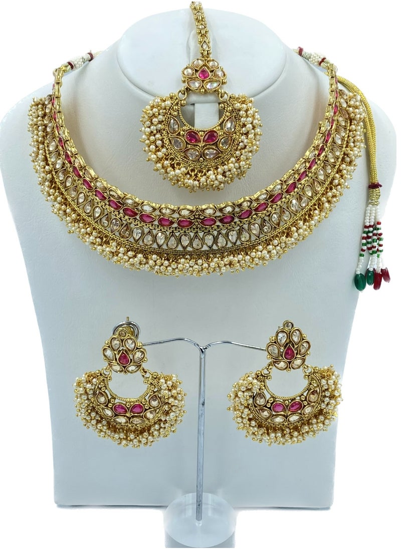 جوهونا قلادة مجوهرات هندية تقليدية من GOHONA Royal Bling Bollywood مع مجموعة أقراط و 1 Tikka باللون الأرجواني  - Image 1