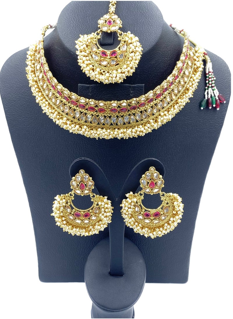 جوهونا قلادة مجوهرات هندية تقليدية من GOHONA Royal Bling Bollywood مع مجموعة أقراط و 1 Tikka باللون الأرجواني  - Image 2