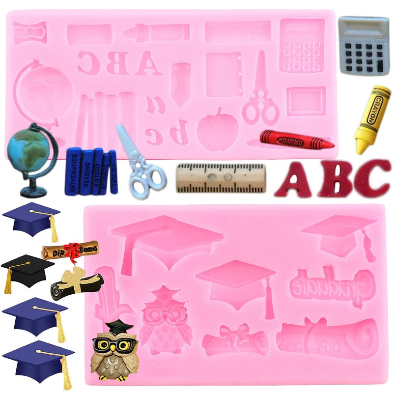 ZiXiang Graduation Silicone Molds Doctoral Cap Diploma Graduate Fondant Molds Back to School Silicone Mold For Cake Decorating Cupcake Topper Candy Chocolate Gum Paste Set of 2 - Image 1