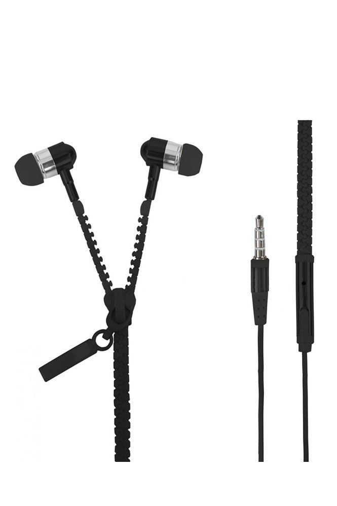IN-EAR ZIP ZIPPER STEREO HANDS-FREE HEADPHONE EARPHONE EARBUD MIC FOR Mobile Phones BLACK - Image 2
