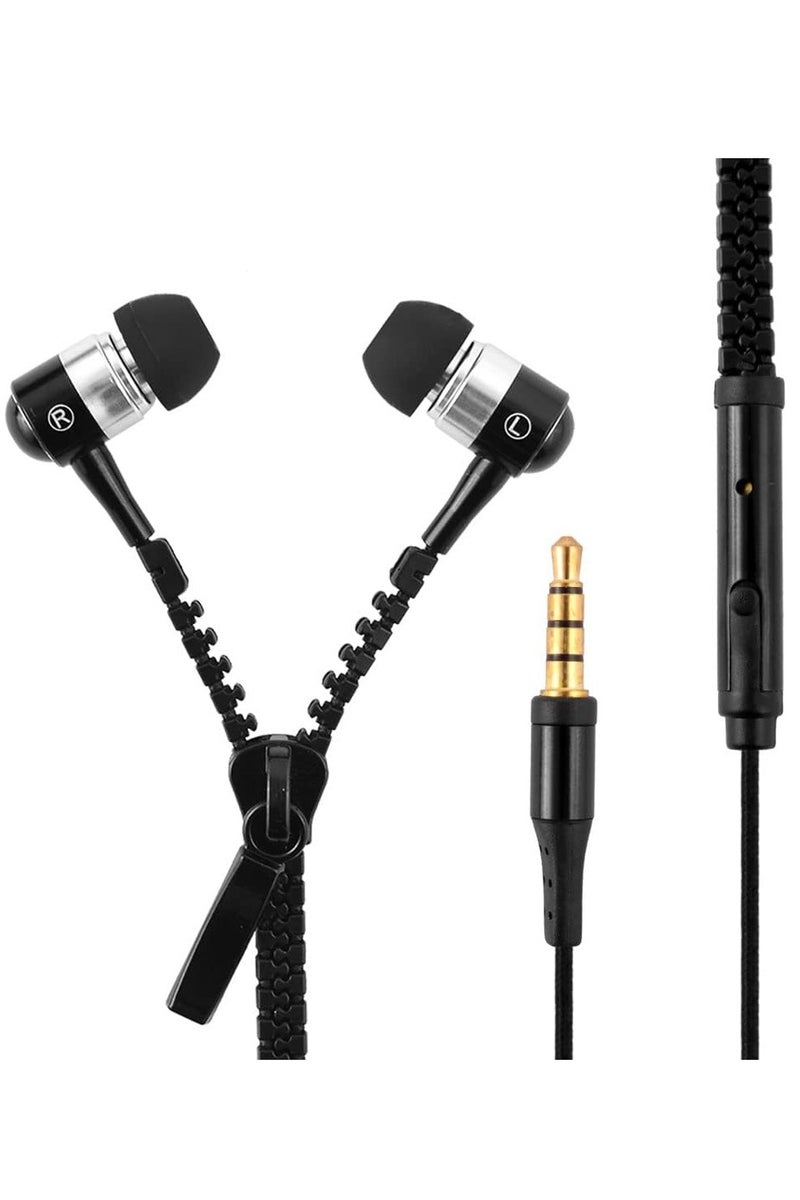 IN-EAR ZIP ZIPPER STEREO HANDS-FREE HEADPHONE EARPHONE EARBUD MIC FOR Mobile Phones BLACK - Image 1