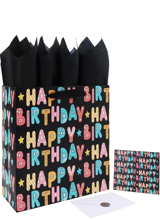 Qirrmiy 13'' Large Birthday Gift Bag Set with Handles, Greeting Card, Tissue Papers and Stickers for Boys', Girls', Kids' Party, Baby, Newborn, Cartoon Birthday Design, 1 Pcs - Image 1