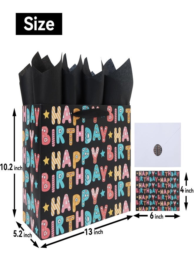 Qirrmiy 13'' Large Birthday Gift Bag Set with Handles, Greeting Card, Tissue Papers and Stickers for Boys', Girls', Kids' Party, Baby, Newborn, Cartoon Birthday Design, 1 Pcs - Image 2