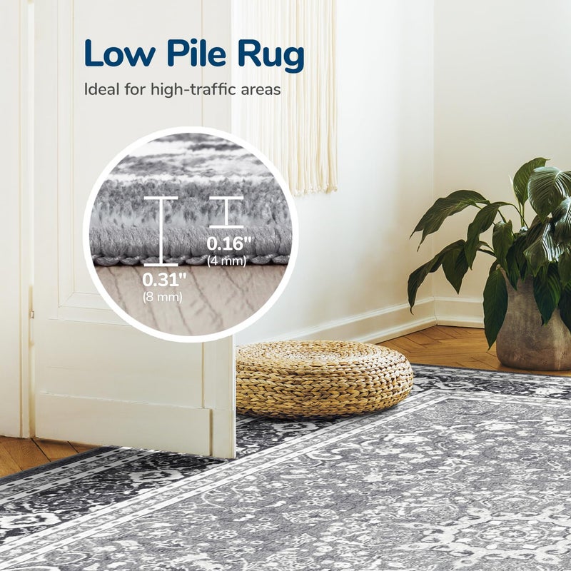 Lessymo 8 x 10 Area Rugs for Living Room, Machine Washable Area Rugs Boho Faux Wool Low Pile Area Rug for Bedroom, Floral Medallion Vintage Rugs with Non-Slip Rubber, Kid & Pet Friendly,Grey White - Image 5
