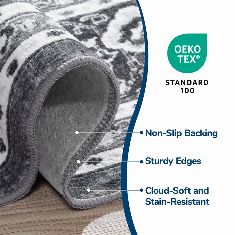 Lessymo 8 x 10 Area Rugs for Living Room, Machine Washable Area Rugs Boho Faux Wool Low Pile Area Rug for Bedroom, Floral Medallion Vintage Rugs with Non-Slip Rubber, Kid & Pet Friendly,Grey White - Image 3