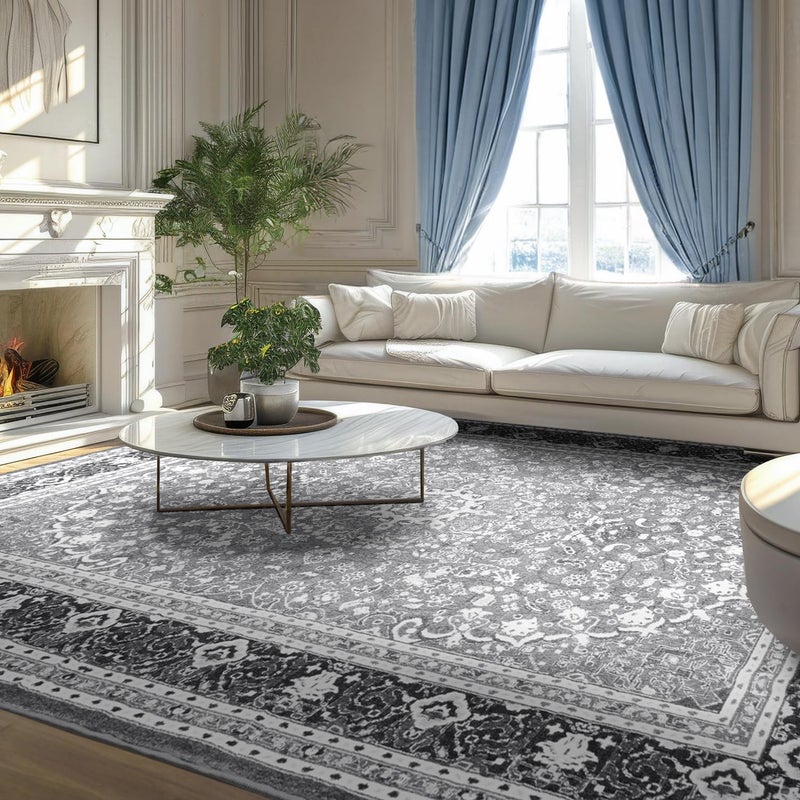 Lessymo 8 x 10 Area Rugs for Living Room, Machine Washable Area Rugs Boho Faux Wool Low Pile Area Rug for Bedroom, Floral Medallion Vintage Rugs with Non-Slip Rubber, Kid & Pet Friendly,Grey White - Image 1