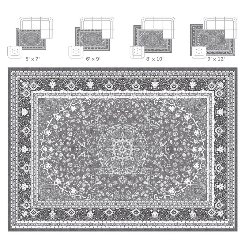 Lessymo 8 x 10 Area Rugs for Living Room, Machine Washable Area Rugs Boho Faux Wool Low Pile Area Rug for Bedroom, Floral Medallion Vintage Rugs with Non-Slip Rubber, Kid & Pet Friendly,Grey White - Image 2