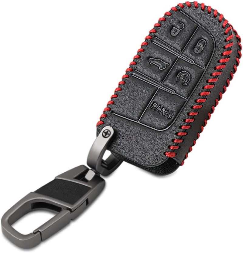 VCiiC Leather Car key Cover Cases Fit Jeep Grand Cherokee Dodge Challenger Charger Dart Durango Journey Chrysler 300,etc, Red - Image 2