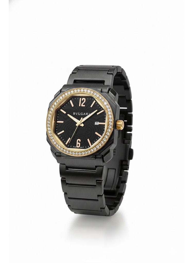 بولغاري ساعة بولغاري نسائية سوداء من الفولاذ المقاوم للصدأ مع لمسات ذهبية وإطار مرصع بالكريستال