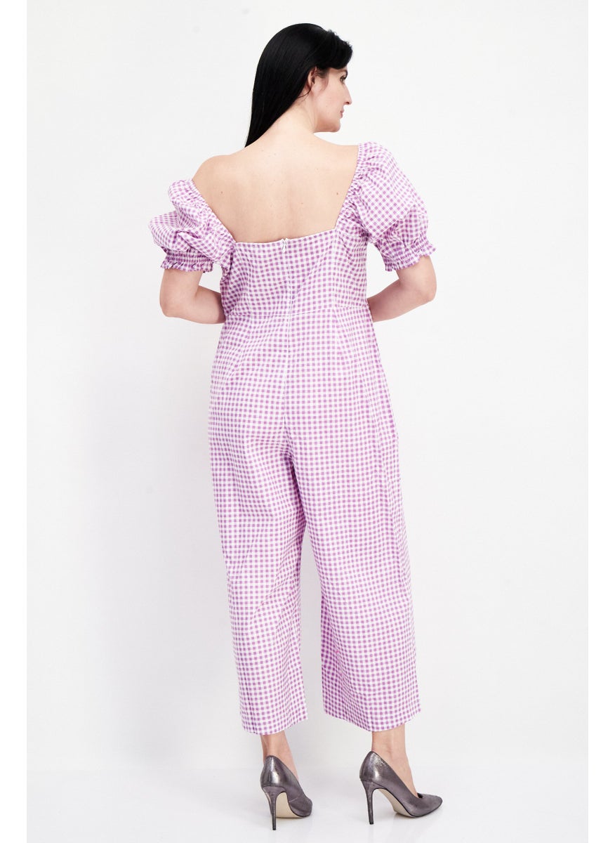 RIVER ISLAND Women Checkered Short Sleeve Jumpsuit, Purple  - Image 2