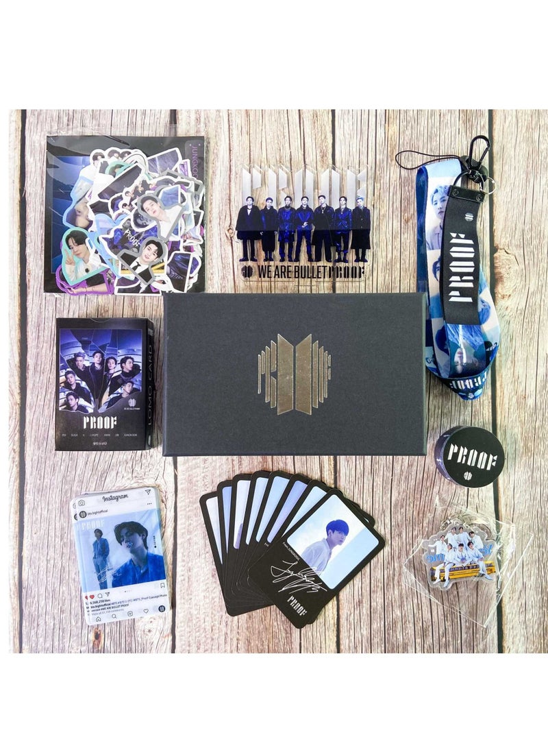 Bts New Album PROOF Gift Box With Lomo Cards, Acrylic Stand, Hand Account Tape, Keychain, Lanyard, Stickers, Photo Card