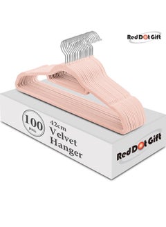 Red Dot Gift 100 Pieces 42cm Pink Non-Slip Velvet Clothes Hanger with 360 Degree Rotatable Hook Durable and Slim  - Image 1
