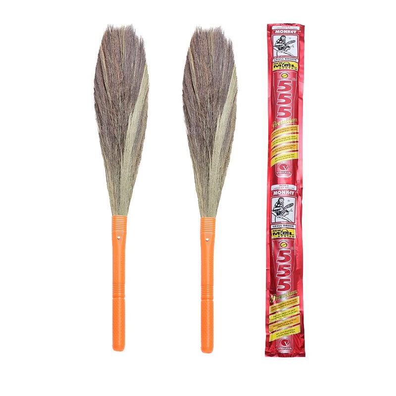 Monkey 555 Premium Plastic Natural Grass Floor Broom Pack Of 2 Removes Fine Dust GaroHill Grass Super Strong Durable Mechanical Locking Ergonomic Handle Broomstick EcoFriendly