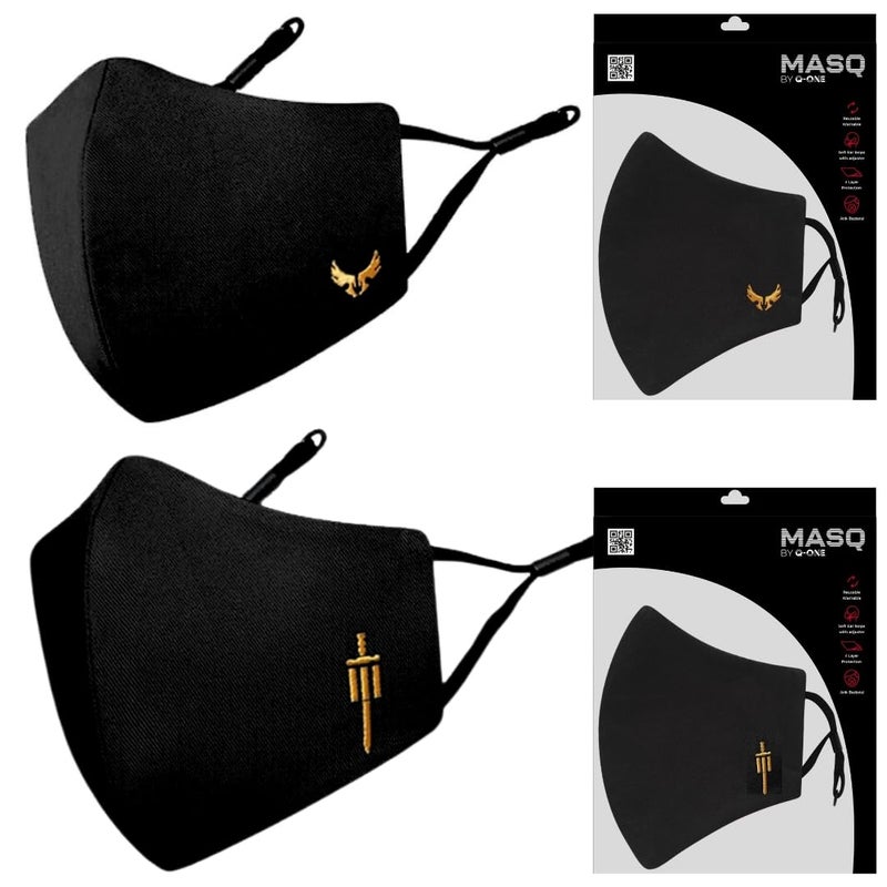 MASQ By Q-One Sabre 4 Layer, Reusable, with Ear Adjusters, Anti-Bacterial (BFE>99%) Cotton Cloth Face Mask for Men, Boys (Pack of 2) Black - Image 1