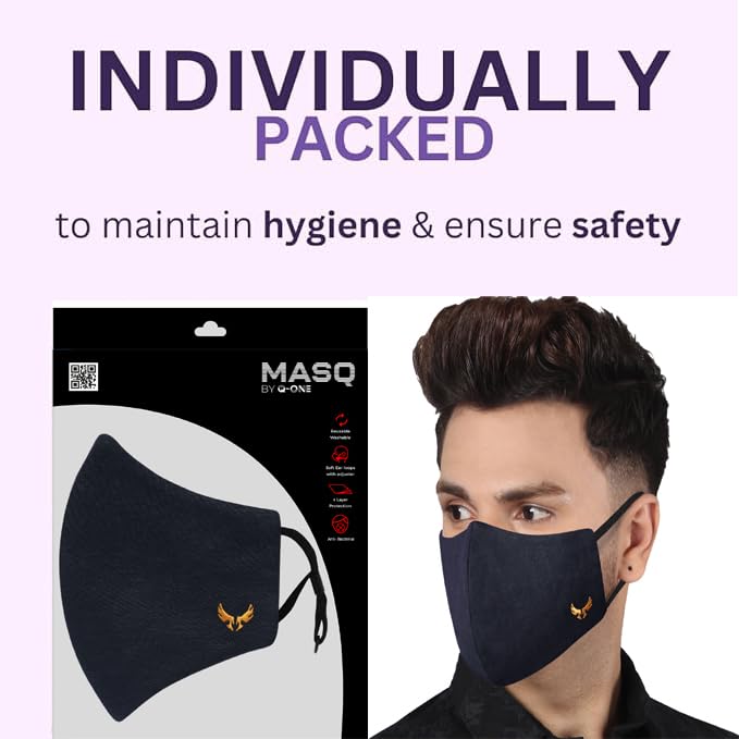 MASQ By Q-One Sabre 4 Layer, Reusable, with Ear Adjusters, Anti-Bacterial (BFE>99%) Cotton Cloth Face Mask for Men, Boys (Pack of 2) Black - Image 5