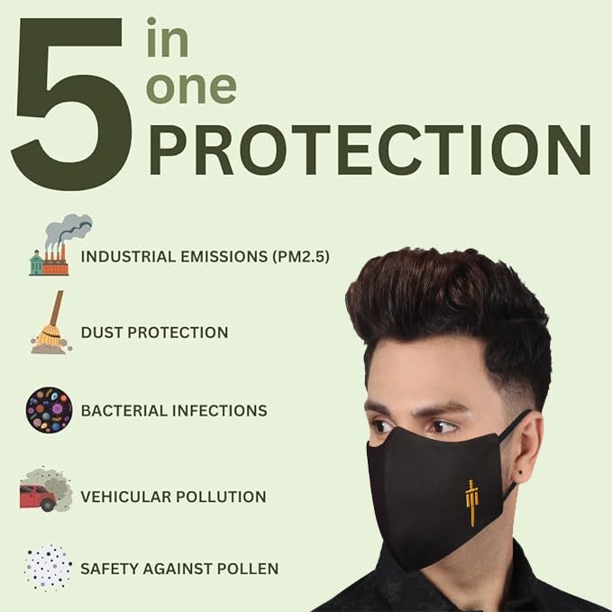 MASQ By Q-One Sabre 4 Layer, Reusable, with Ear Adjusters, Anti-Bacterial (BFE>99%) Cotton Cloth Face Mask for Men, Boys (Pack of 2) Black - Image 2