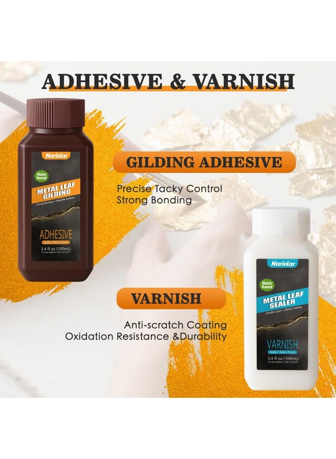 Nariolar All-in-One Gold Leaf Adhesive Kit – 3.4 Fl Oz Gilding Adhesive and 3.4 Fl Oz Varnish, 100 Sheets Gold Leaf, 7 Brushes & Tweezers for Crafting & Decorative Art - Image 3