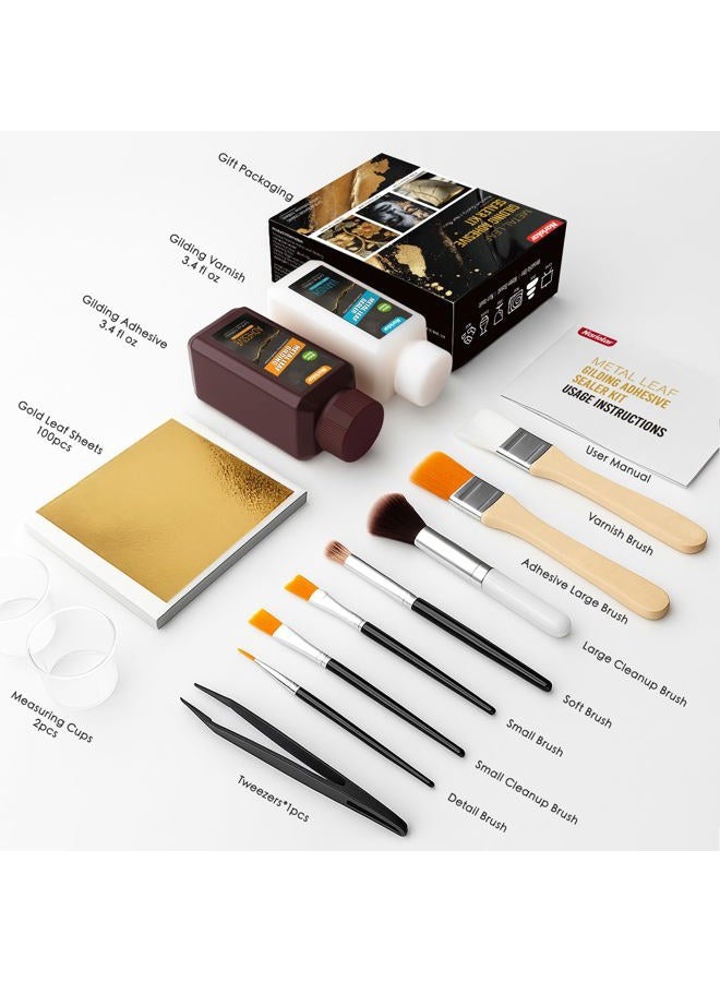Nariolar All-in-One Gold Leaf Adhesive Kit – 3.4 Fl Oz Gilding Adhesive and 3.4 Fl Oz Varnish, 100 Sheets Gold Leaf, 7 Brushes & Tweezers for Crafting & Decorative Art - Image 2