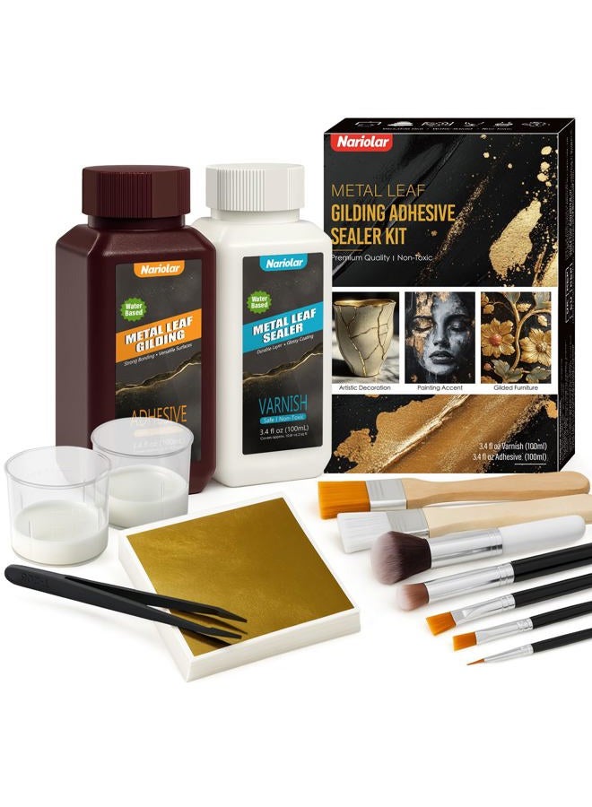 Nariolar All-in-One Gold Leaf Adhesive Kit – 3.4 Fl Oz Gilding Adhesive and 3.4 Fl Oz Varnish, 100 Sheets Gold Leaf, 7 Brushes & Tweezers for Crafting & Decorative Art - Image 1