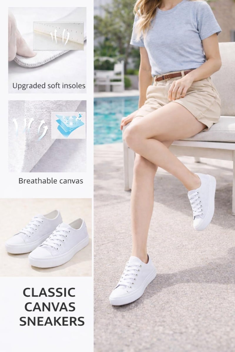 hello basics Canvas Shoes for Women Casual Low Top Women's Fashion Sneakers Slip on for Women (9, White) - Image 5