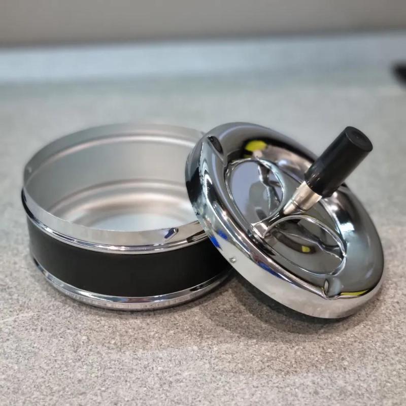 Smokeless Ashtray: 9.5*9.5*9 Black Metal - Rotating Lid Ash Containment, Odor-reducing Design for Home, Office, Balcony & Cottage - Image 1