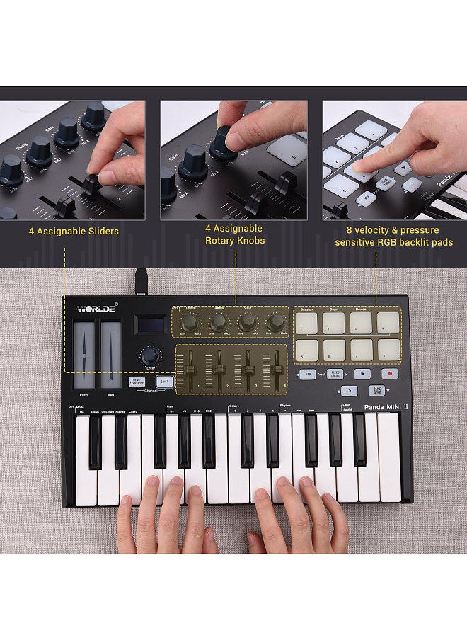 WORLDE - Panda Mini Ii Portable 25-Key Usb Midi Keyboard Controller With 8 Rgb Backlit Trigger Pads 4 Assignable Control Knobs 4 Assignable Sliders - Image 1