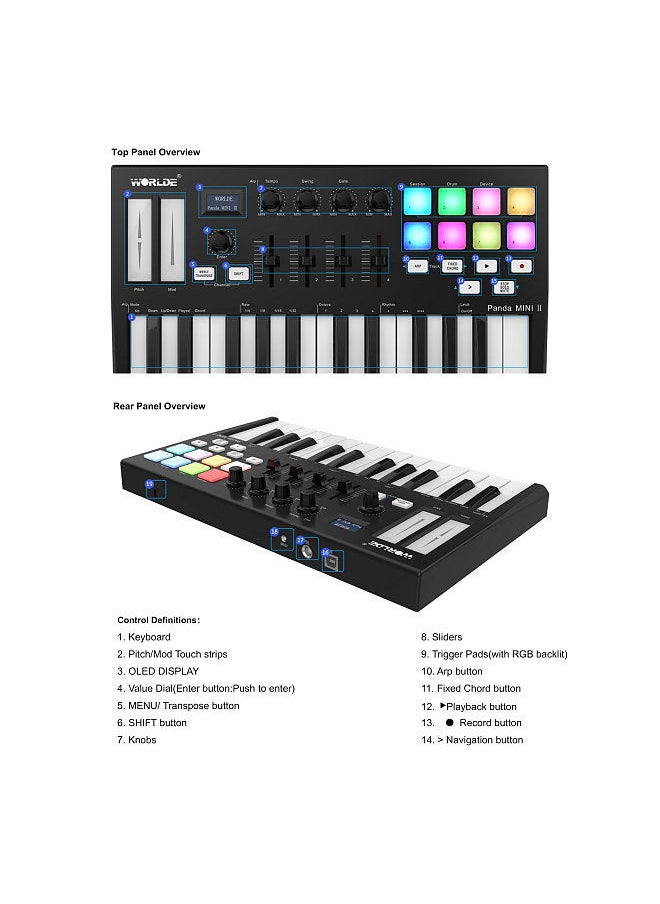 WORLDE - Panda Mini Ii Portable 25-Key Usb Midi Keyboard Controller With 8 Rgb Backlit Trigger Pads 4 Assignable Control Knobs 4 Assignable Sliders - Image 1