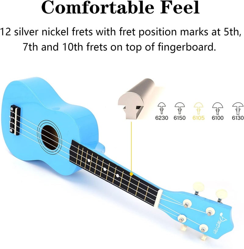 Amdini 21 Inch Ukulele for Beginners Basswood Soprano Ukelele Kit for Kids Adult Student Starter Mini Guitar Ukalelee Pack Bundle with Book Gig Bag Tuner Strap Picks Nylon Strings (Blue) - Image 5
