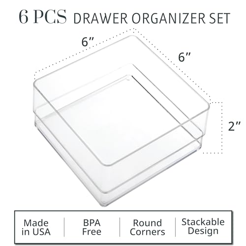STORi SimpleSort 6-Piece Stackable Clear Drawer Organizer Set | 6" x 6" x 2" Square Trays | Small Makeup Vanity Storage Bins and Office Desk Drawer Dividers | Made in USA - Image 2