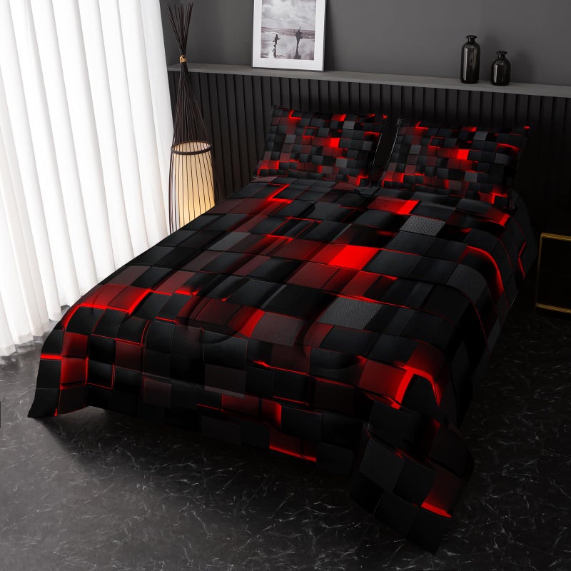 Nttopship Neon Red Black Comforter Set Queen Geometric Kids Bedding Set,3 PCS Geometry Honeycomb Bed Set Modern Quilt Set 1 Comforter 2 Pillow Cases Cool Room Decor All Season B-Side Black - Image 2