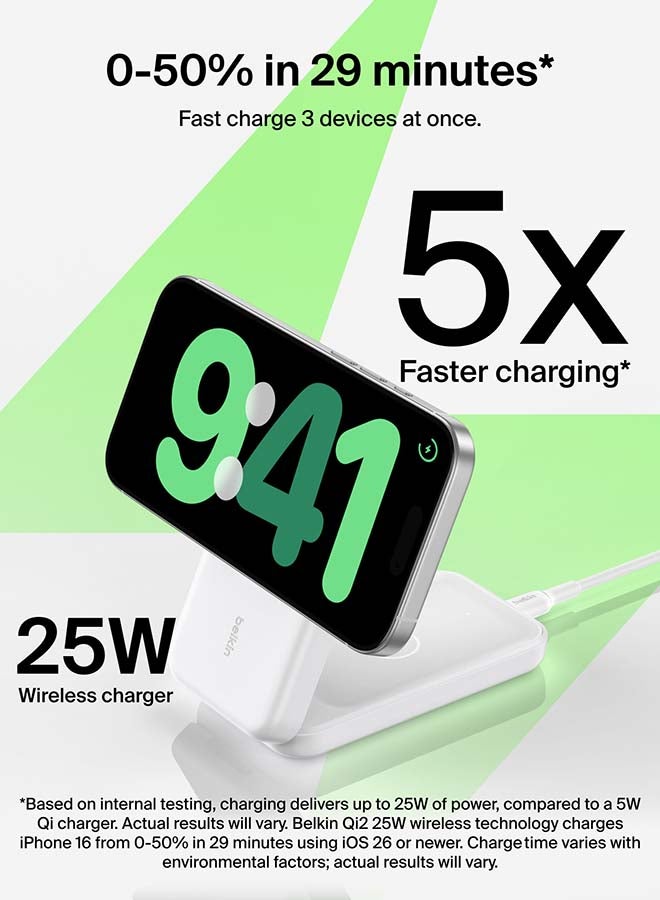 belkin UltraCharge Magnetic Wireless Charger 25W, 3-in-1 Qi2 Certified MagSafe Compatible Fast Charger, Charging Station for iPhone 16, Apple Watch, AirPods, Pixelsnap with 45W Adapter - White White - Image 2