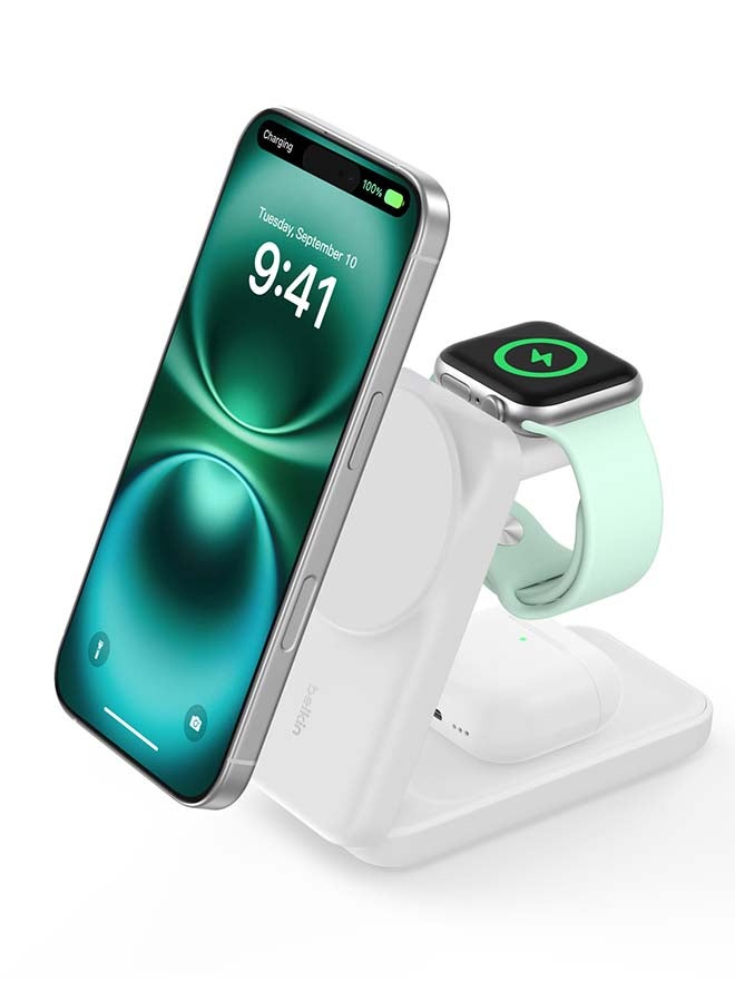 belkin UltraCharge Magnetic Wireless Charger 25W, 3-in-1 Qi2 Certified MagSafe Compatible Fast Charger, Charging Station for iPhone 16, Apple Watch, AirPods, Pixelsnap with 45W Adapter - White White - Image 1