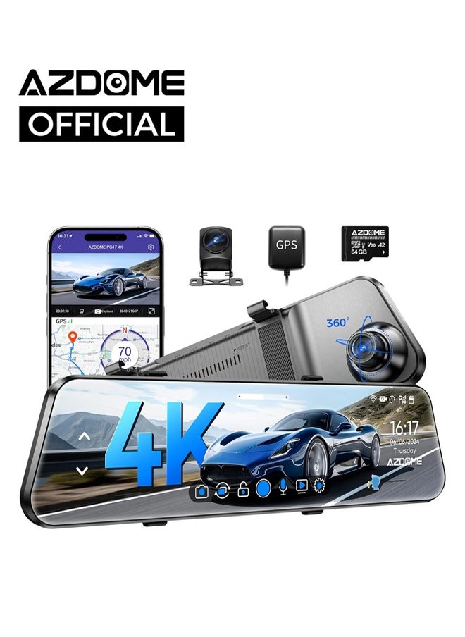 AZDOME - AZDOME PG17 12" 4K Mirror Dash Cam Front and Rear, Wi-Fi 6 Rear View Mirror Camera with 64GB Card, Voice Control Dash Camera for Car, Rearview Mirror Camera with GPS Night Vision Parking Assistance - Image 1