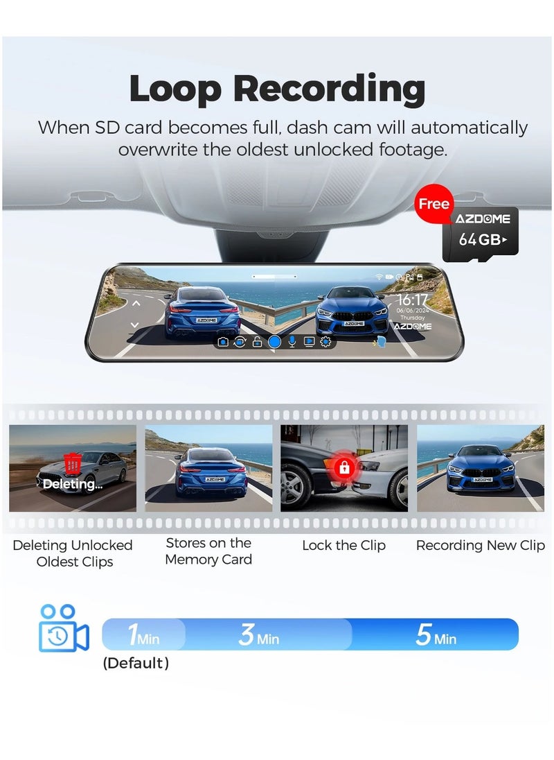 AZDOME - AZDOME PG17 12" 4K Mirror Dash Cam Front and Rear, Wi-Fi 6 Rear View Mirror Camera with 64GB Card, Voice Control Dash Camera for Car, Rearview Mirror Camera with GPS Night Vision Parking Assistance - Image 1