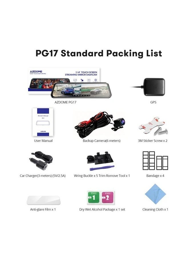 AZDOME PG17 12" 4K Mirror Dash Cam Front and Rear, Wi-Fi 6 Rear View Mirror Camera with 64GB Card, Voice Control Dash Camera for Car, Rearview Mirror Camera with GPS Night Vision Parking Assistance