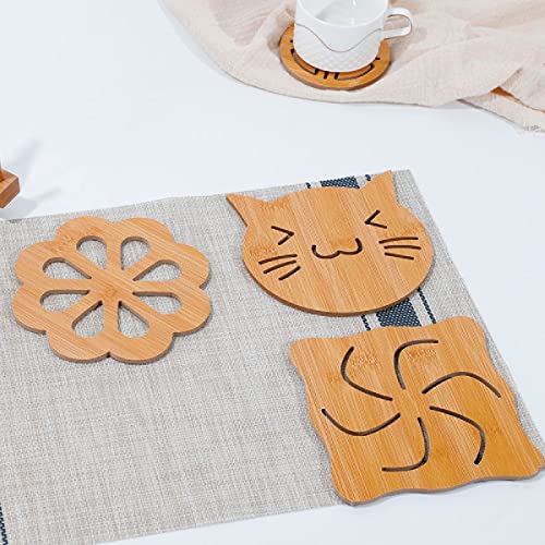 HENIJ 6 PCS Wooden Trivets Cartoon Creative Heat Insulation Mat Cup Mat Bowl Mat Table Mat for Kitchen (Random Pattern) - Image 4