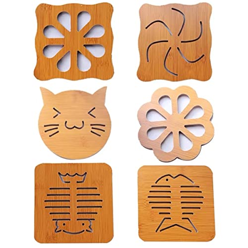 HENIJ 6 PCS Wooden Trivets Cartoon Creative Heat Insulation Mat Cup Mat Bowl Mat Table Mat for Kitchen (Random Pattern) - Image 1