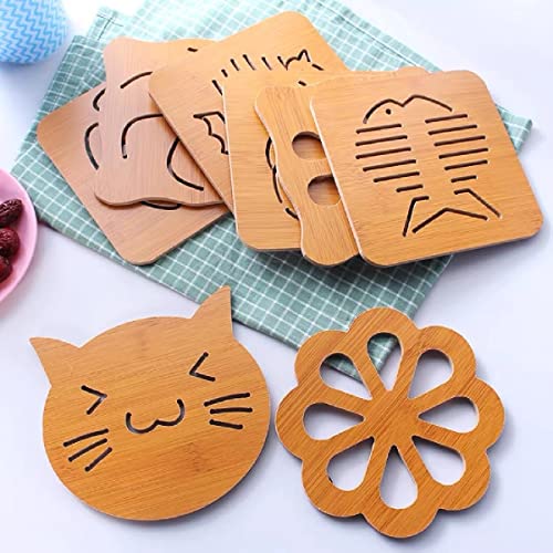 HENIJ 6 PCS Wooden Trivets Cartoon Creative Heat Insulation Mat Cup Mat Bowl Mat Table Mat for Kitchen (Random Pattern) - Image 5