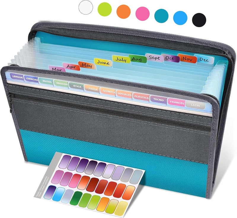 Sooez Accordion File Organizer with Safe Zipper, 12 Pocket Expanding File Folder with Front Pencil Pouch, Portable Monthly Paper Bill Tax Receipt Organizer, School Office Supplies, Letter Size, Teal - Image 1