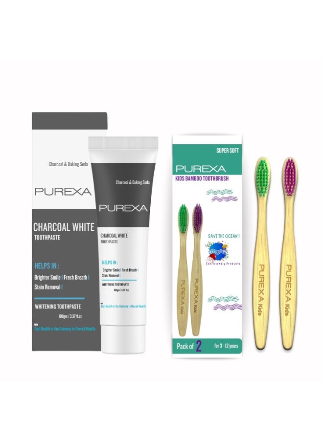 PUREXA Kids Oral Care Combo | 1 Charcoal Whitening Toothpaste (100g) with 2 Kids Bamboo Toothbrushes | Activated Charcoal & Baking Soda Toothpaste for Clean Teeth & Fresh Breath - Image 1