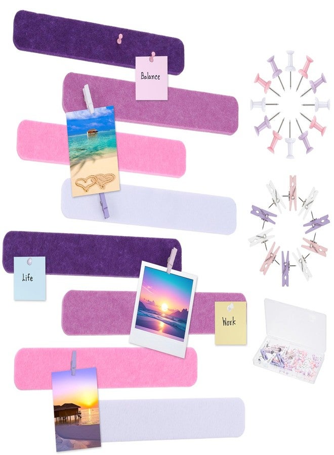 Mooliwe 8 Pcs Felt Pin Board Bar Strips Bulletin Board 50 Pushpins and 10 Wooden Clip Pins Self Adhesive Cork Boards for Offices Home Wall Display Photos, Paste Notes, Schedules(Pink) - Image 1
