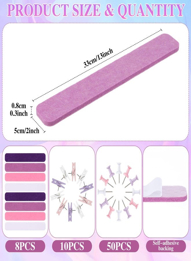 Mooliwe 8 Pcs Felt Pin Board Bar Strips Bulletin Board 50 Pushpins and 10 Wooden Clip Pins Self Adhesive Cork Boards for Offices Home Wall Display Photos, Paste Notes, Schedules(Pink) - Image 2