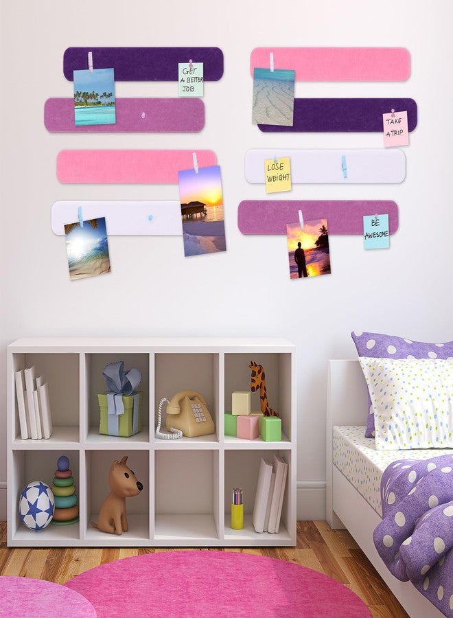 Mooliwe 8 Pcs Felt Pin Board Bar Strips Bulletin Board 50 Pushpins and 10 Wooden Clip Pins Self Adhesive Cork Boards for Offices Home Wall Display Photos, Paste Notes, Schedules(Pink) - Image 4