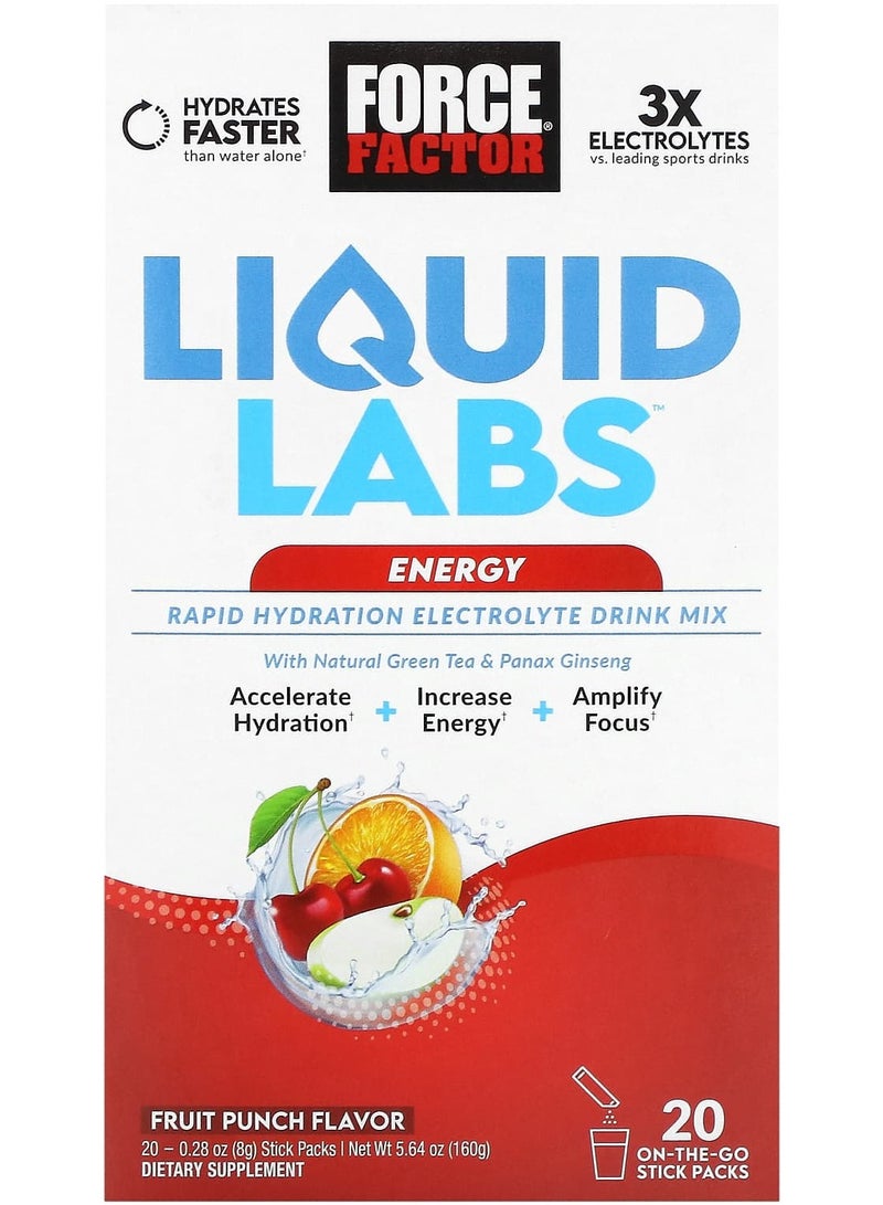 Force Factor Liquid Labs Energy Rapid Hydration Electrolyte Drink Mix Fruit Punch 20 Stick Packs 0.28 oz (8 g) Each